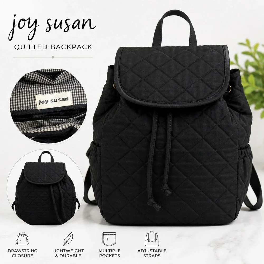 Joy Susan Black Quilted Backpack Purse Drawstring Flap Lightweight Everyday Bag